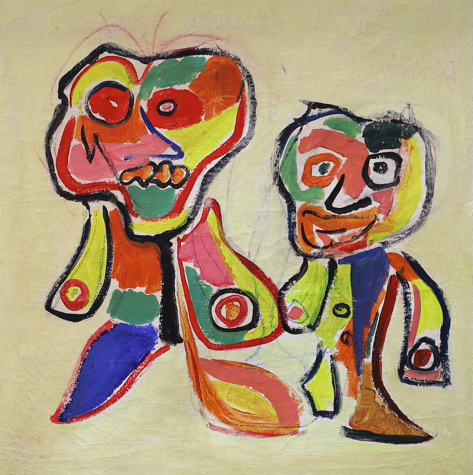 Naive School, oil on canvas, Two abstract figures, unsigned, 62 x 62cm